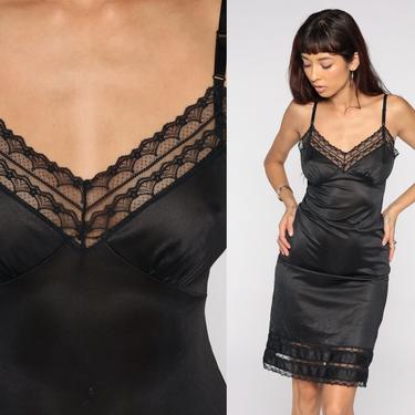 Black Lace Slip Dress 80s Nightgown Lingerie Midi Nylon Vintage Deep V Neck Empire Waist Spaghetti Strap Small 