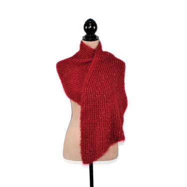 Hand Knit Red Shawl Wrap, Evening Sparkly Red Scarf Wide, Knitted Accessories, Handmade Women Gift Idea for the Christmas Holiday Season 