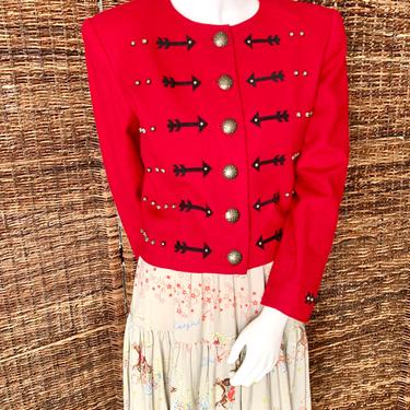 Red Wool Cropped Jacket, Blazer, Metal Buttons, Cowgirl Ranch Chic, Made in Texas 