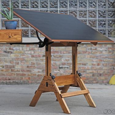 restored vintage drafting table by Hamilton Mfg., scalable standing or sitting desk with a swing-out drawer 