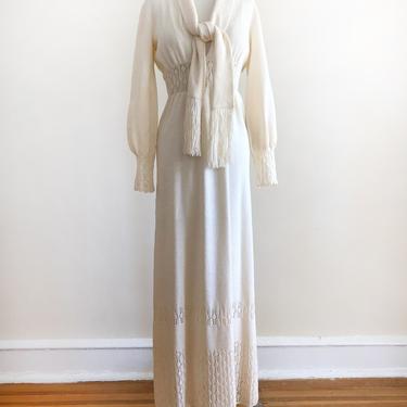 Cream-Colored Knit Maxi Dress with Pointelle Waist and Cuffs - 1970s 