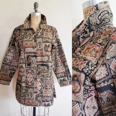 1990s Tapestry Weave Jacket Beaded  Indian Elephant Print / 90s Button Down Short Coat Maximalist Boho Metallic Paisley Chico's /Alizee / M 