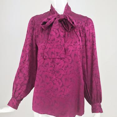 Yves Saint Laurent Fuchsia Silk Jacquard Bow Tie Blouse 1980s