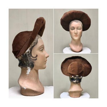 Vintage 1930s Hat, 30s Brown Corduroy Wide Brim Bonnet 