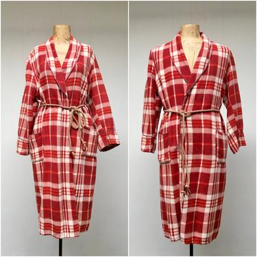 1950s Vintage Beacon Unisex Robe, 50s Red Plaid Shawl Collar Cozy Cotton Blend Blanket Robe, 42&amp;quot; Chest 