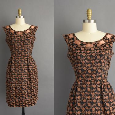 1950s vintage dress | Gorgeous Brown &amp; Black Floral Print Cocktail Party Wiggle Dress | Medium | 50s dress 