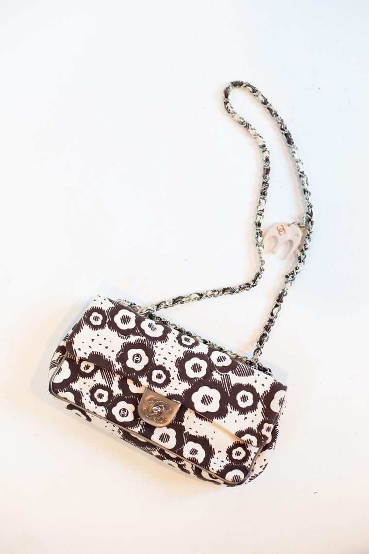 Vintage CHANEL Brown + Cream Camellia Pattern Fabric Flap Bag Shoulder ...