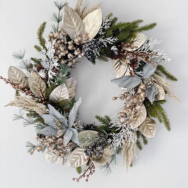 Snowy Glam Pampas Holiday Wreath with Sea Green/Blue Poinsettia and Gold Magnolia Leaves, Boho Christmas Wreath, Holiday Wreath 