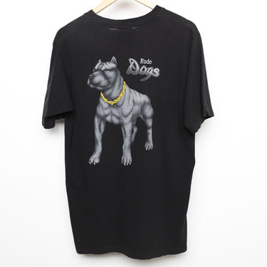 vintage California RUDE DOGS 1990s black &amp; silver short sleeve PIT Bull dog t-shirt -- size 