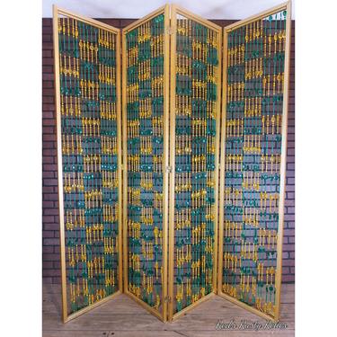 Mid Century Retro Metal Green and Yellow Bead Floor Screen & Dividers 4 Panel Screen Room Divider 