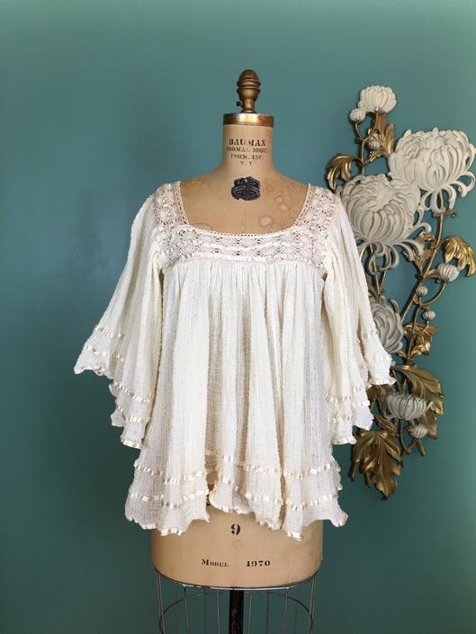 Vintage 1970s Gauze and Crochet Blouse shops - S/M