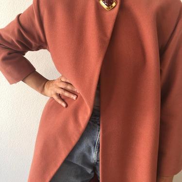 Vintage Anne Klein Peach Wool Coat With Big Gold Stone Button And Packets 
