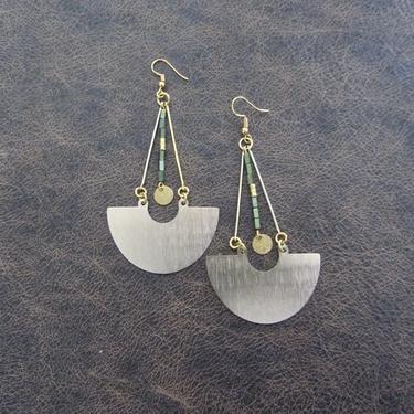 Large gold minimalist earrings, green hematite, mid century modern Brutalist earrings, statement earrings, unique geometric earrings 