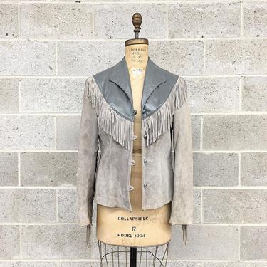 Vintage Fringe Suede Jacket Retro 1980s David James + Size 16 + Blazer Jacket + Grey + Genuine Leather + Western + Womens Apparel 