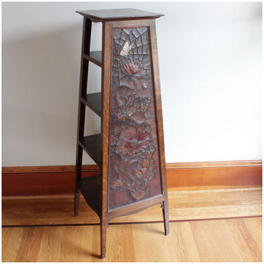 F4156 Antique Arts and Crafts, Craftsman Tooled Leather Oak Stand 