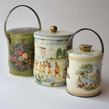 Selection of English Tins | Vintage Biscuit Tea Candy Ornate Tin Canisters | Daher Dahr Murray-Allen | Illustrated Floral Crackle Pastoral 
