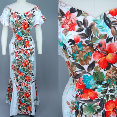 1950s Colorful Hawaiian Dress | Vintage 50s Floral Print Holo Muu | large 