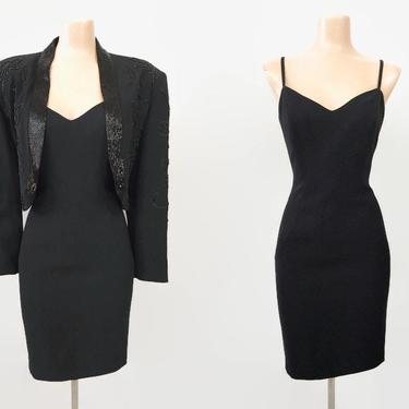 VINTAGE 80s Black Sweetheart Wiggle Dress & Beaded Jacket Set | 1980s Embellished Dress Suit Outfit | Bold Shoulder | D’ORE Della Roufogali 