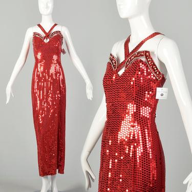 Medium 1990s Red Evening Dress Thigh Slit Sleeveless Sequin Maxi 