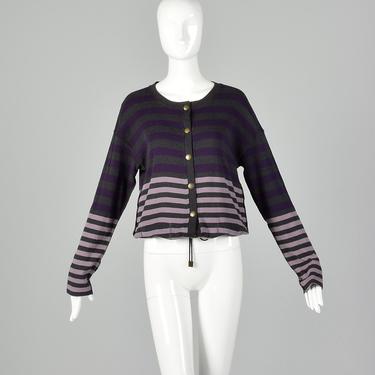 Small Sonia Rykiel 1990s Purple and  Gray Sweater Striped Cardigan Designer Cotton Drawstring Knit 90s 