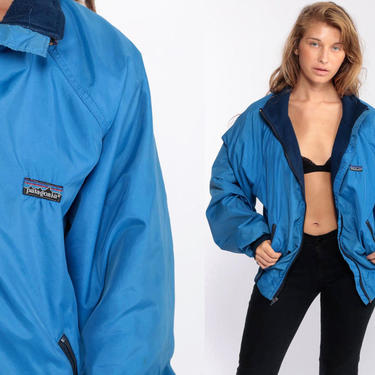 Patagonia Windbreaker Jacket 80s FLEECE LINED Coat Hiking Jacket Outdoors Hipster Blue Warmup Nylon Vintage 90s Jacket Warm Up Large 