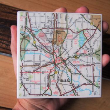 1974 Dallas Texas Vintage Map Coaster - Ceramic Tile Coaster - Repurposed 1970s Phillips 66 Oil Company Road Map - Handmade 