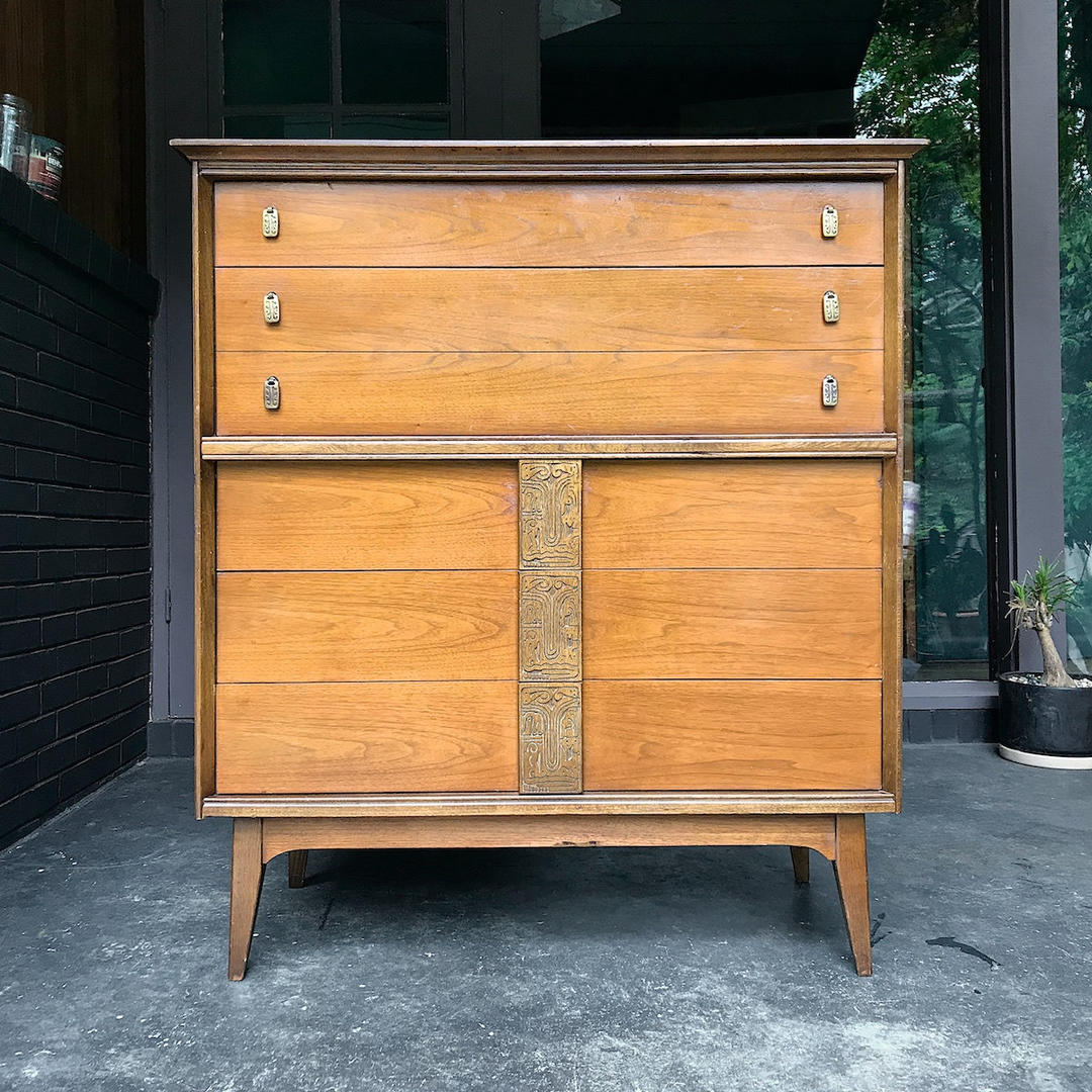 Rare Bassett Bachelors Dresser Mayan Tiki Carved Walnut Vintage