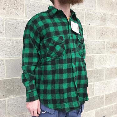 Vintage Flannel Retro 1980s LL Bean + Oldfriends + Button-down + Wool + Buffalo Plaid + Black and Green + Checkered +Size XL + Deadstock 