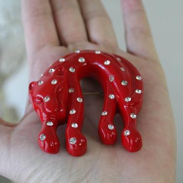 Vintage 1970s 80s HUGE red Art Deco Leopard Rhinestone Brooch Sweet!!!  Statement Piece disco 