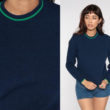 Blue Ringer Sweater 80s Knit Sweater Navy Slouchy 70s Crewneck Sweater Pullover Jumper 1980s Vintage Retro Plain Sweater Acrylic Medium 
