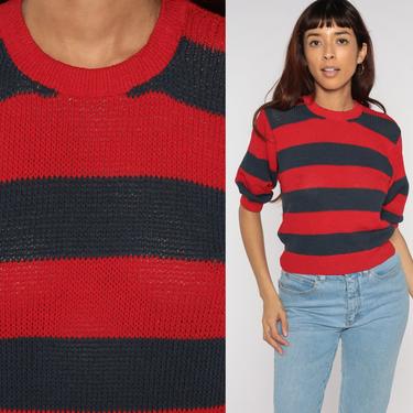 Red Striped Sweater 80s Knit Grunge Kurt Cobain Sweater Grey Slouch 1980s Jumper Vintage Pullover Retro Striped Cropped 3/4 Sleeve Small S 