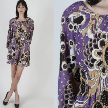 Vintage 70s Psychedelic Floral Dress / Abstract Print Empire Waist / Studio 54 Disco Puff Sleeves / Trippy Twiggy Mini Dress 