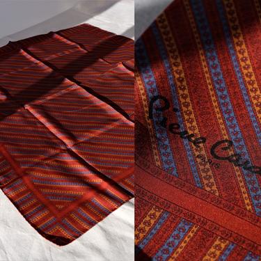 Vintage 70s Pierre Cardin Paris Maroon Red, Blue, & Orange Hand Rolled Silk Scarf w/ Floral Striped Print | 100% Silk | Designer Scarf 