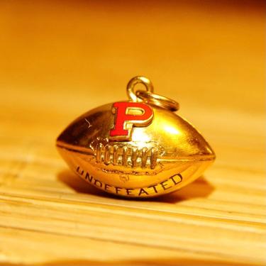 Vintage 10K Gold Enamel Football Charm 'Undefeated 1956', Red P Lettermark, Embossed Yellow Gold Football Charm/Pendant, 3/4&quot; L x 7/8&quot; W 