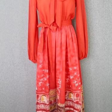 1970s Howard Wolf Maxi Dress with Moulin Rouge Scenery - Hostess Dress - Hollywood Regency - Orange - Bow 