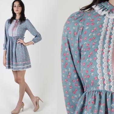 Vintage 80s Tiny Roses Dress / Blue Floral Country Western Dress / Fairycore Prairie Garden Dress / White Trim Scallop Lace Collar Mini 