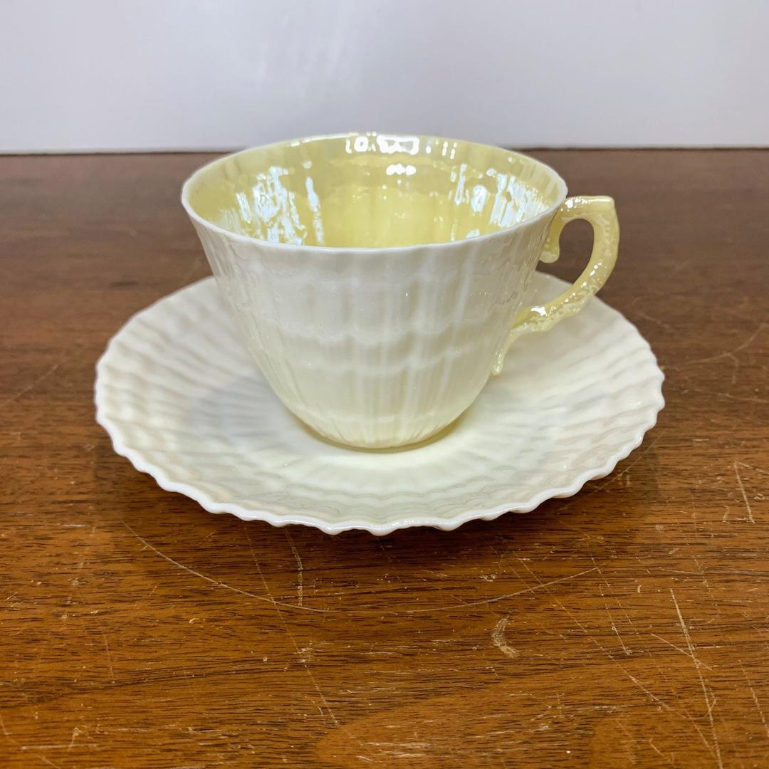 Vintage Belleek Pottery Limpet Yellow Tea Cup and Saucer 6th Over the