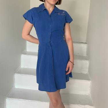 1950s Gym Dress Blue Cotton 38 Bust Vintage Embroidery 