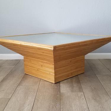 1980s Postmodern Style Rattan Coffee Table With Mirrored Glass Top 