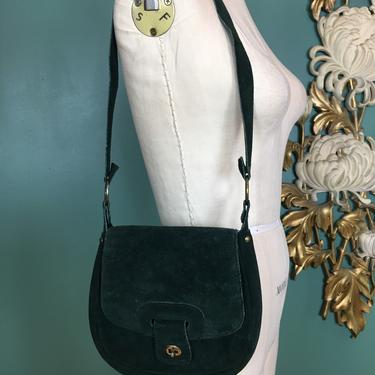1970s suede purse, vintage 70s shoulder bag, hippie purse, green suede, bohemian style, vintage purse, 1970s bag, satchel style, long strap 