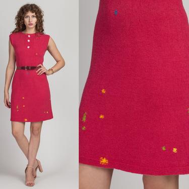 50s 60s Colorful Darned Knit Mini Dress - Medium to Large | Vintage Pink Sleeveless A Line Dress 