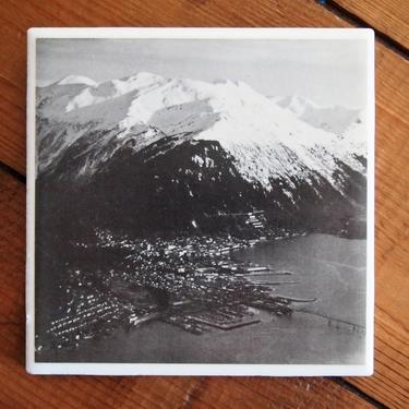 1971 Juneau Alaska Vintage Aerial Photo Coaster - Ceramic Tile - Repurposed 1970s Geography Textbook - Handmade - Black &amp; White Landscape 