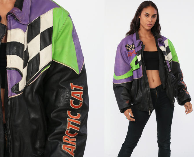 Leather Arctic Cat Jacket Neon Racing Jacket Moto Zip Up Jacket Motorcycle Jacket Black 90s Striped Retro Vintage Black Purple Green Large By Shopexile From Shop Exile Of Los Angeles Ca