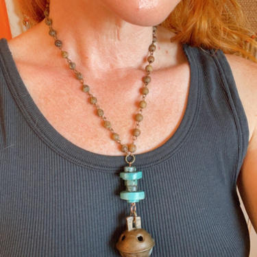 Antique Sleigh Bell Necklace Genuine Turquoise Jewelry Unique Gift Ideas 