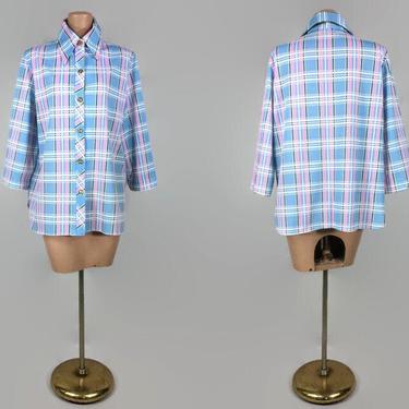 VINTAGE 70s Pink and Blue Plaid Buton Down Shirt | 1970s Butterfly Collar Jacket | Trans Pride Colors | Studio 54 Disco Style Top | XL XXL 