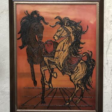 Large Lee Burr Hand-Colored Painting, &quot;Carousel&quot; Dancing Horses in Orange and Black, Turner Wall Accessories 