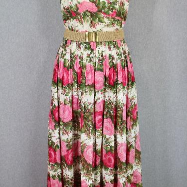 1950s L'aiglon Pink Rose Midi Dress - Tea Length - Sundress - Spring Pastels - Summer Dress 