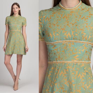60s 70s Blue &amp; Gold Brocatelle Jacquard Mini Dress - Extra Small | Vintage Boho A Line Short Sleeve Dress 