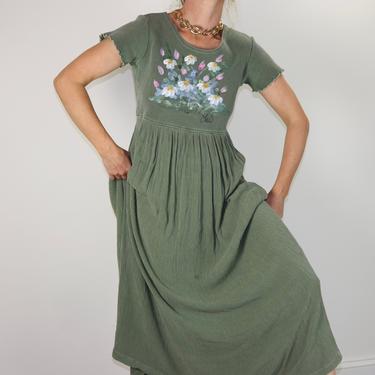 Vintage Waffle Knit Dress / Painted Floral Short Sleeve Shift / 90's CHEROKEE Maxi S/M 