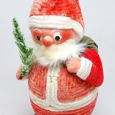 Antique Large 11 Inch  German Bobble Head Santa Candy Container, Hand Painted for Christmas, Fur Beard, Faux Feather Tree 